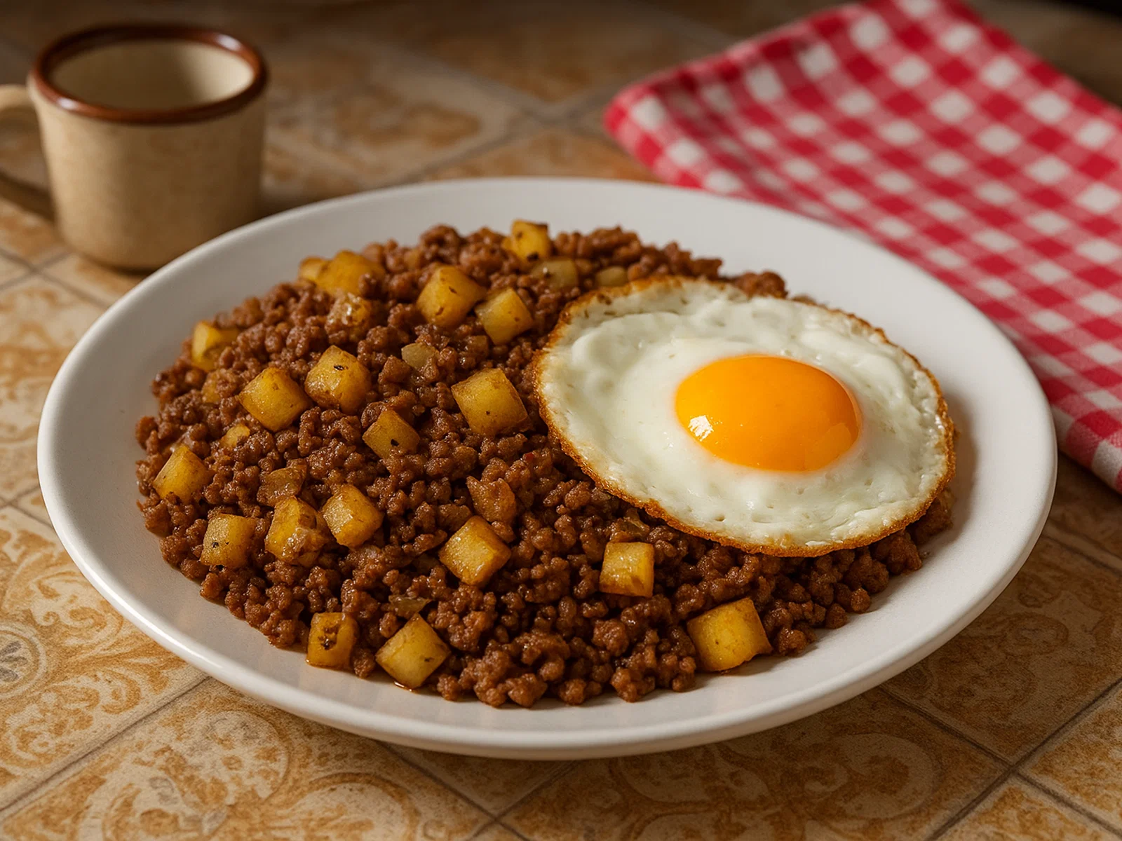 Macanese Minchi mit Kartoffelwürfeln und Spiegelei