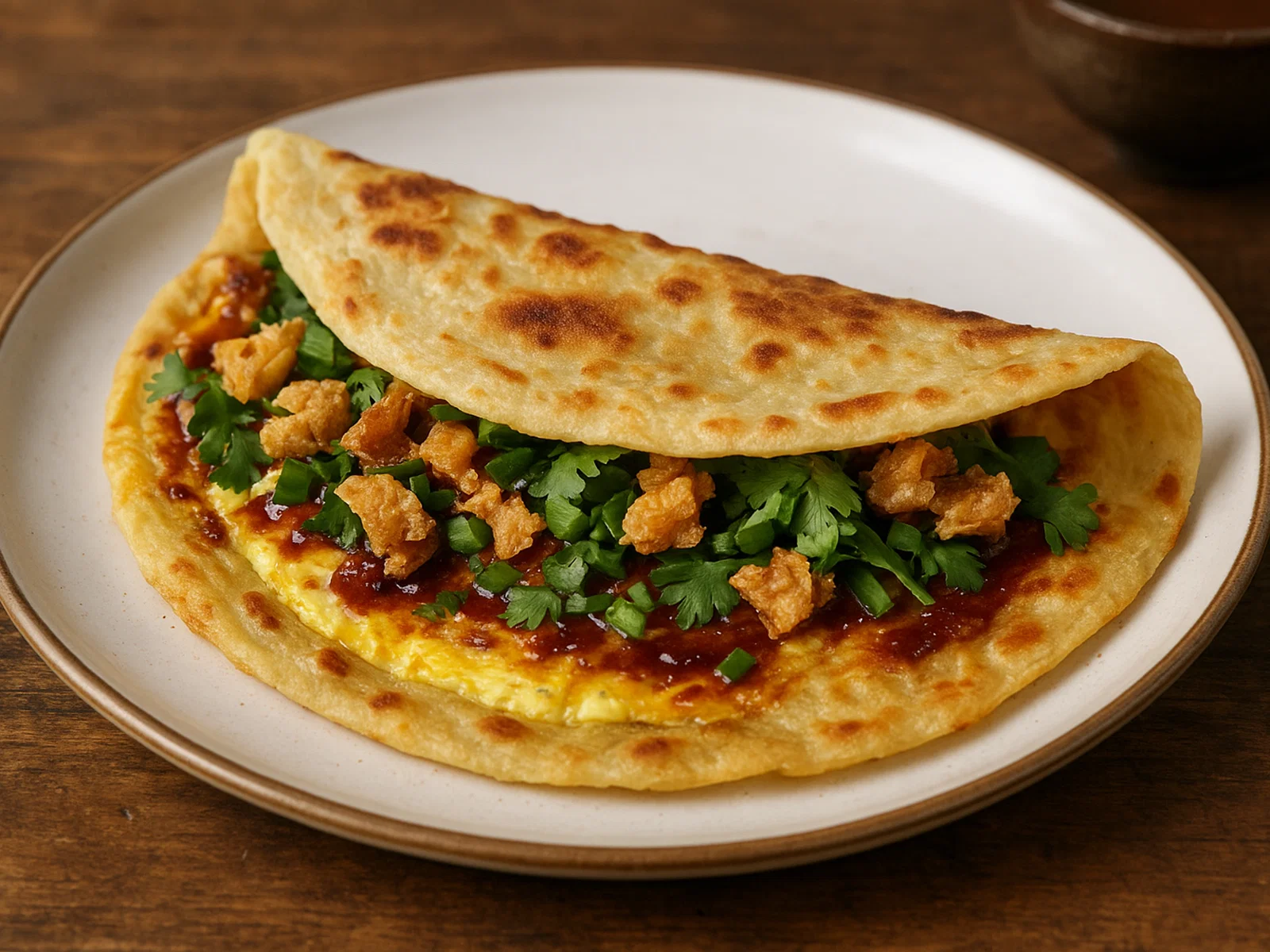 Jianbing – chinesischer Frühstücks-Crêpe mit Ei und Knusperteig