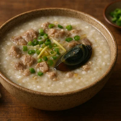Pidan Shou Rou Zhou (Reisbrei mit Century-Ei und Schweinefleisch)