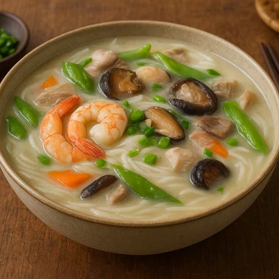 Ding Bian Hu – Fujian-Reismehlsuppe mit Meeresfrüchten