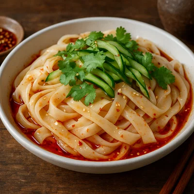 Liangpi – Kalte chinesische Stärkebandnudeln in Chili-Essig-Soße