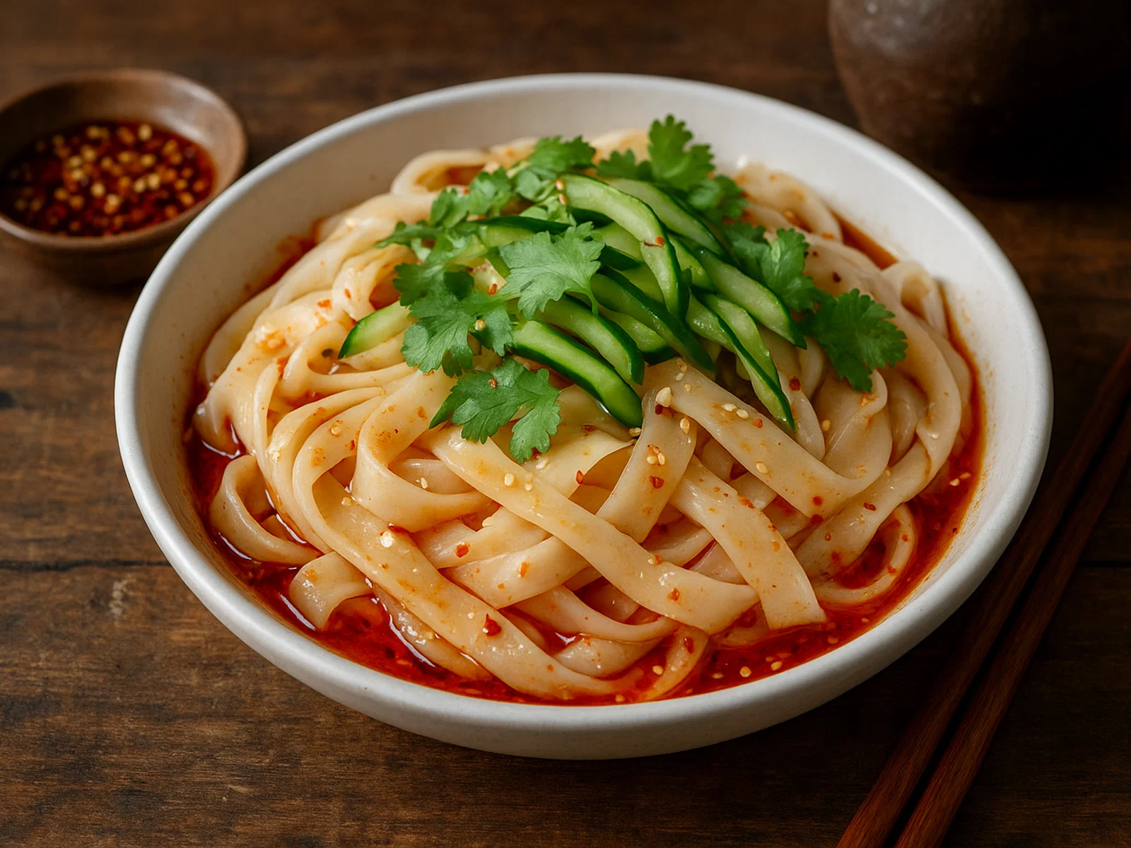 Liangpi – Kalte chinesische Stärkebandnudeln in Chili-Essig-Soße