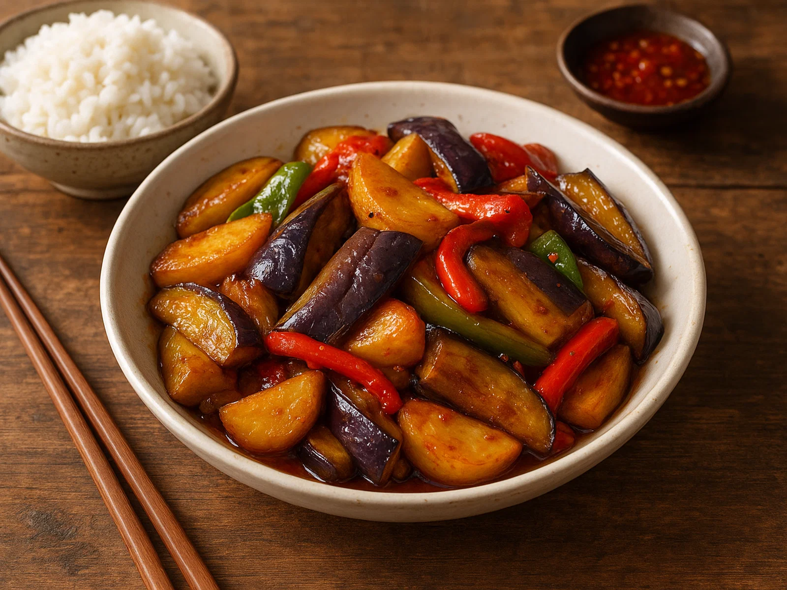 Di San Xian – Gebratene Kartoffeln, Auberginen und Paprika