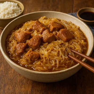 Zhu rou dun fen tiao – Geschmortes Schweinefleisch mit Sauerkraut und Glasnudeln