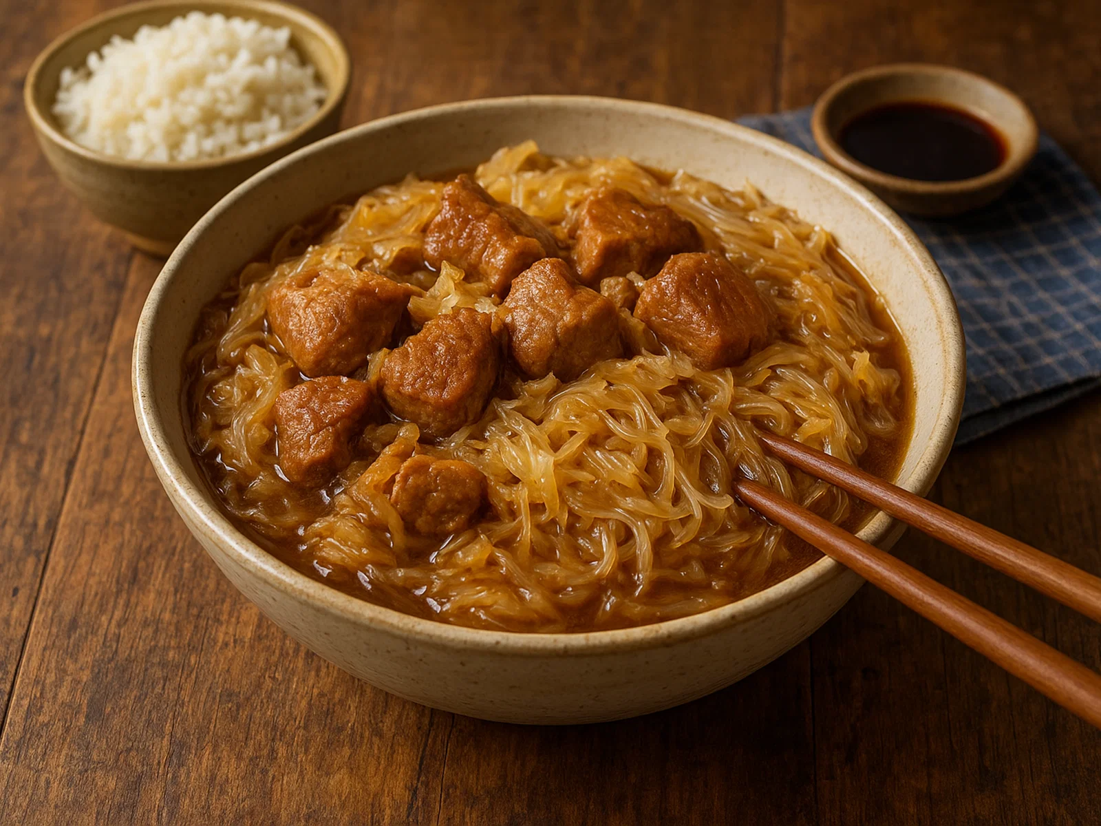 Zhu rou dun fen tiao – Geschmortes Schweinefleisch mit Sauerkraut und Glasnudeln