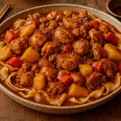 Da Pan Ji – „Große-Platte-Huhn“ mit Kartoffeln und breiten Nudeln