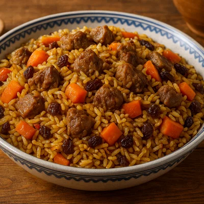 Xinjiang Zhua Fan – Lamm-Pilaw mit Karotten und Rosinen