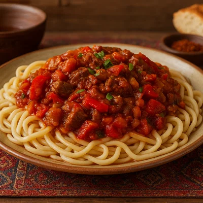 Laghman – Uigurische handgezogene Nudeln mit Fleisch-Gemüse-Soße