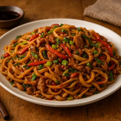 Ding Ding Chao Mian – Gebratene kleingeschnittene Nudeln mit Fleisch und Gemüse