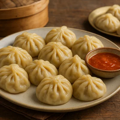 Tibetische Momos mit Fleisch- oder Gemüsefüllung