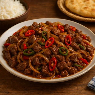 Shapta – tibetisches Pfannengericht mit Fleisch, Zwiebeln und Chili