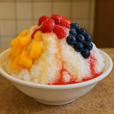 Baobing – Taiwanesisches geschabtes Eis mit Früchten und Sirup