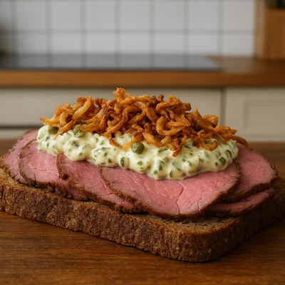 Roastbeef mit Remoulade und Röstzwiebeln auf knusprigem Brot