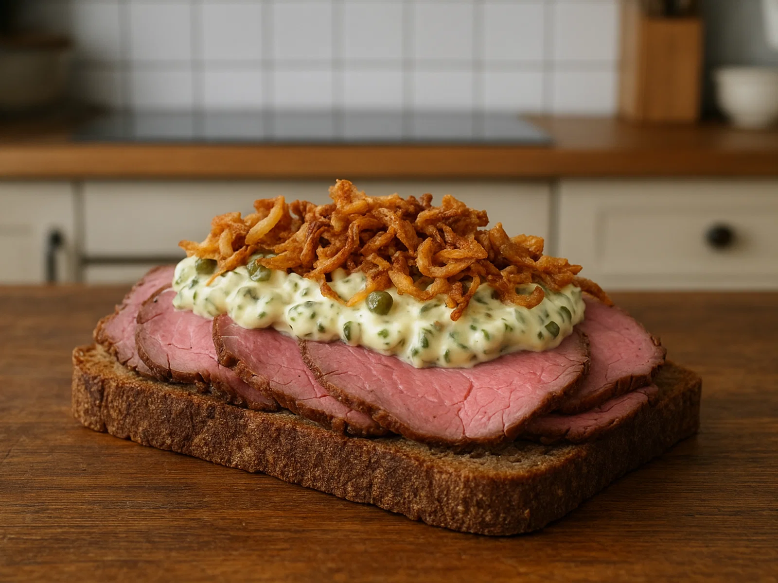 Roastbeef mit Remoulade und Röstzwiebeln auf knusprigem Brot