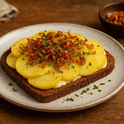 Kartoffelmad – Roggenbrot mit Kartoffelscheiben und Röstzwiebeln