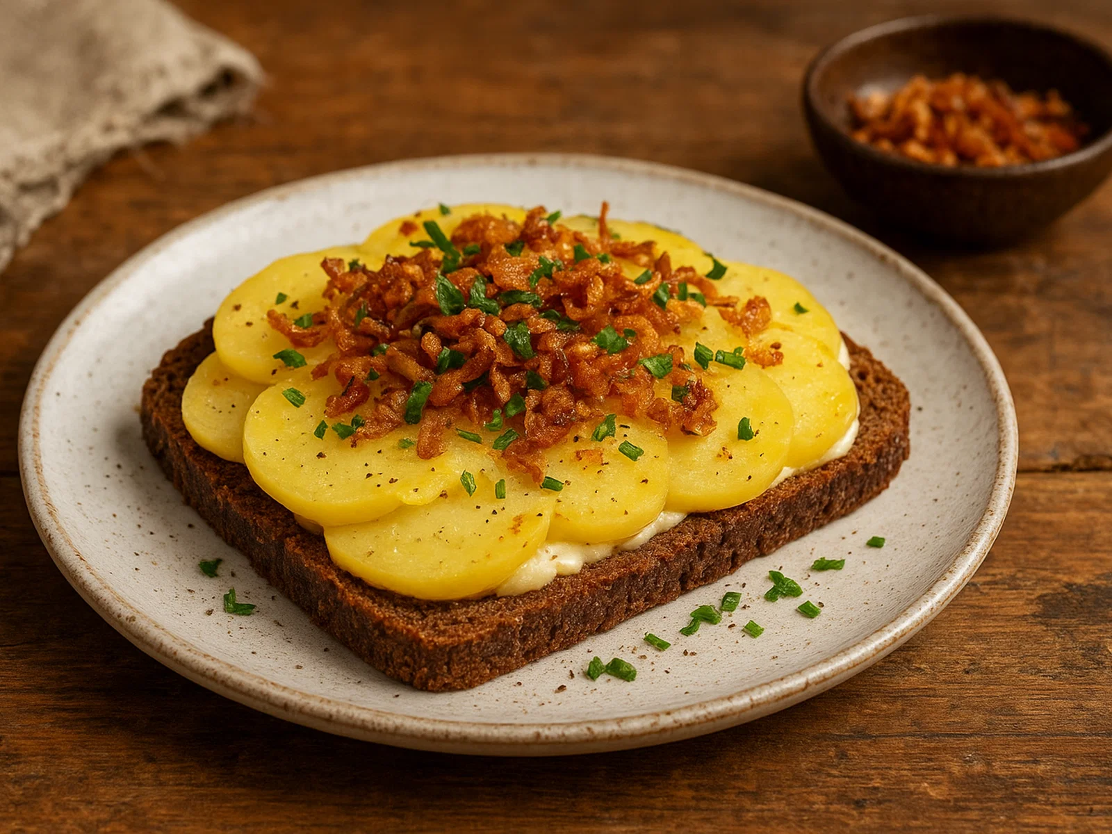 Kartoffelmad – Roggenbrot mit Kartoffelscheiben und Röstzwiebeln