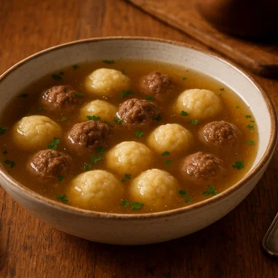 Klare Suppe mit Fleisch- und Mehlklößchen