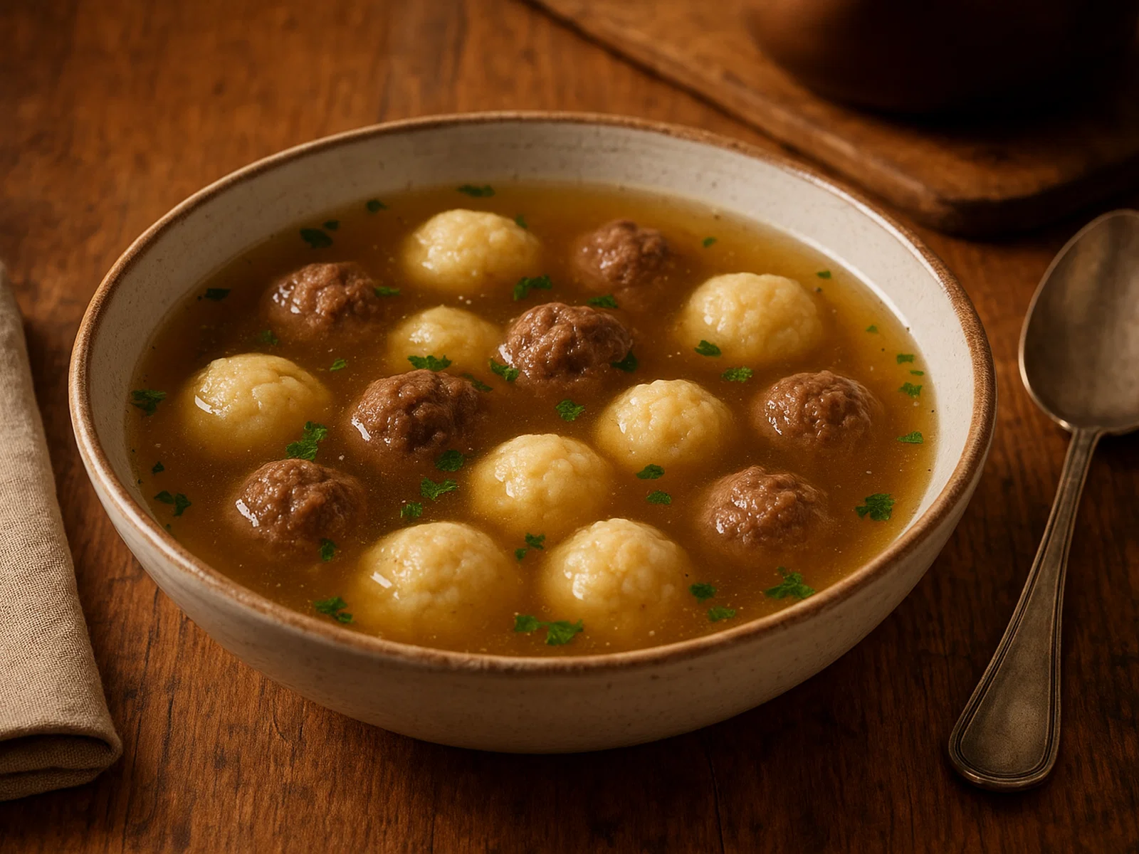 Klare Suppe mit Fleisch- und Mehlklößchen