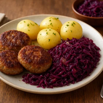 Dänische Frikadeller mit Rotkohl und Kartoffeln