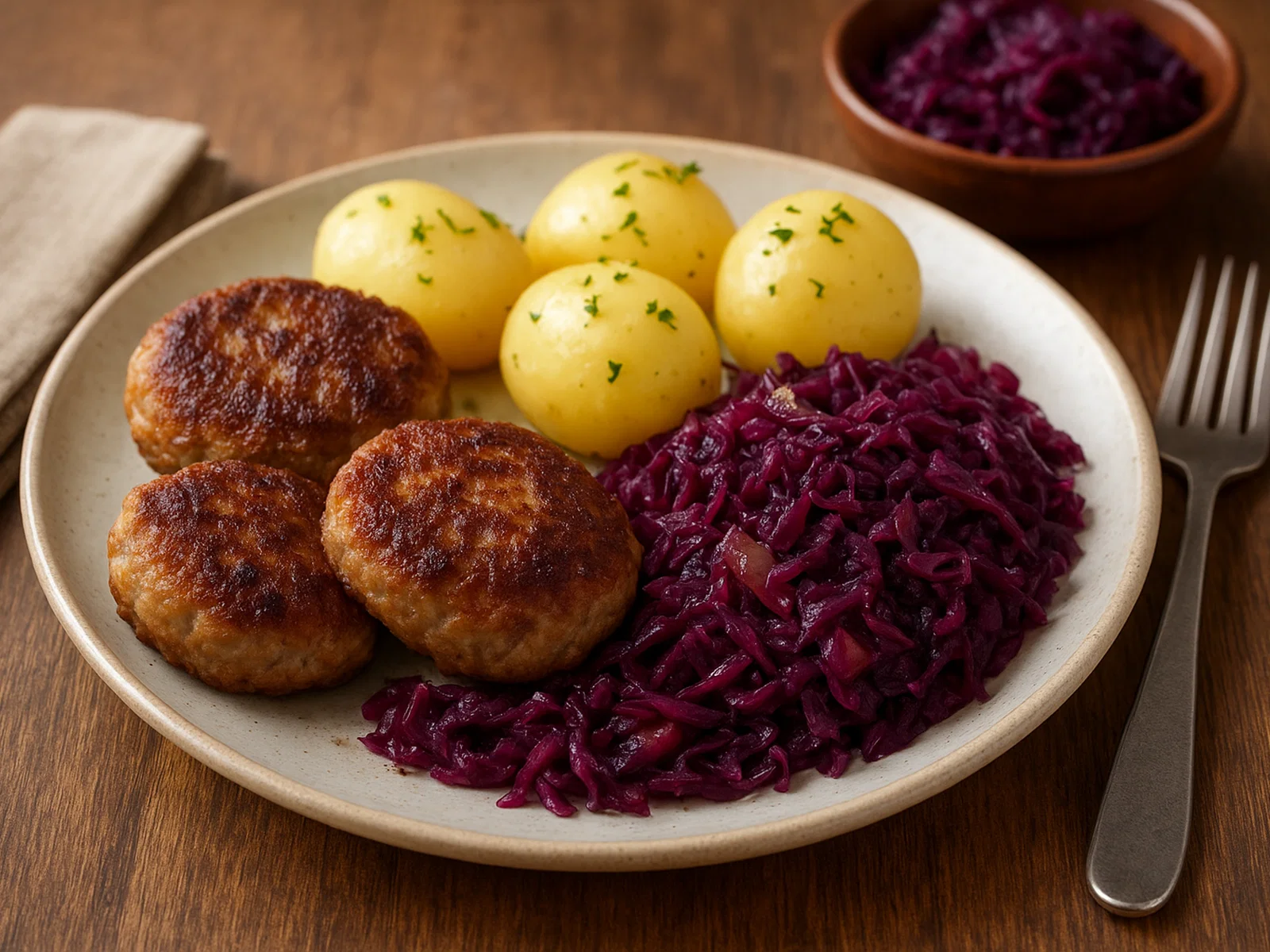 Dänische Frikadeller mit Rotkohl und Kartoffeln