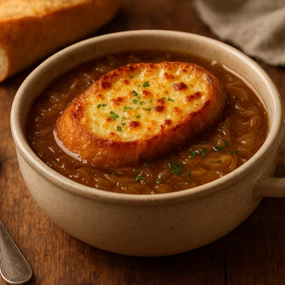 Soupe à l'oignon gratinée – Französische Zwiebelsuppe mit Käse-Brot-Haube