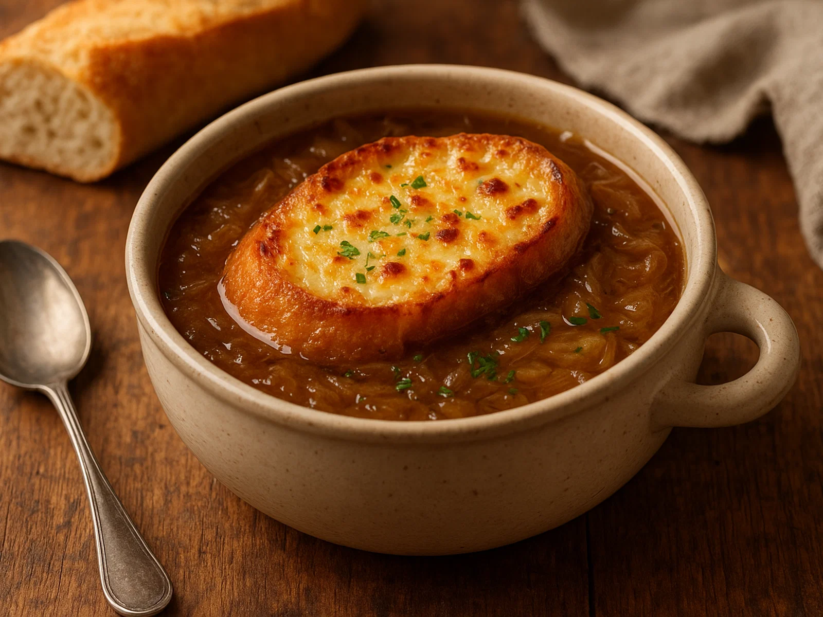 Soupe à l'oignon gratinée – Französische Zwiebelsuppe mit Käse-Brot-Haube