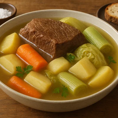 Pot-au-feu – französisches Rindfleisch mit Gemüse in Brühe