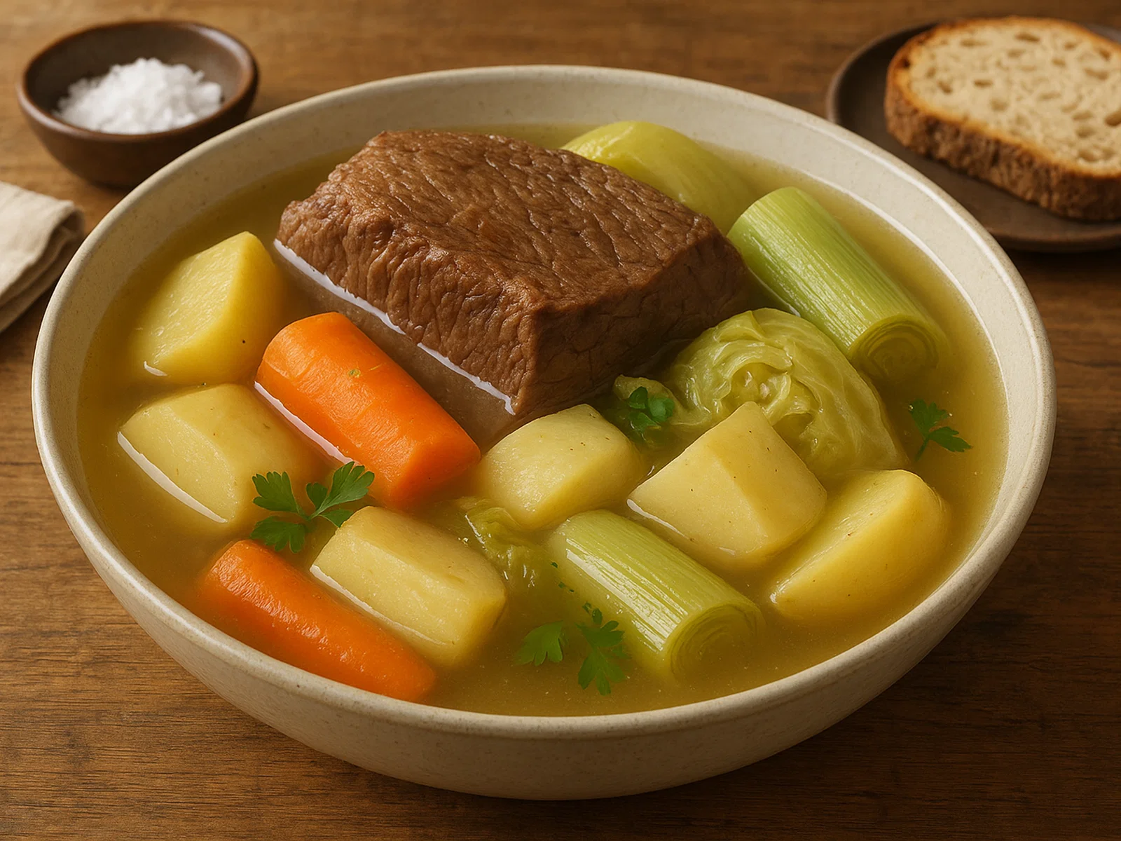 Pot-au-feu – französisches Rindfleisch mit Gemüse in Brühe