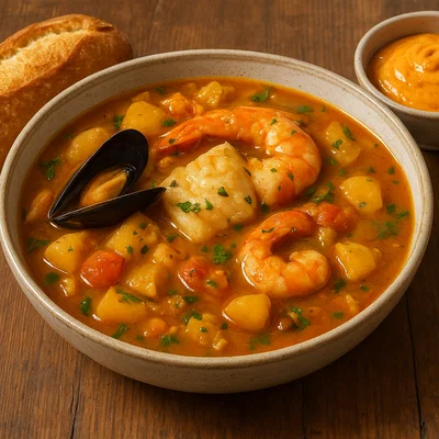 Bouillabaisse mit Rouille und knusprigem Baguette