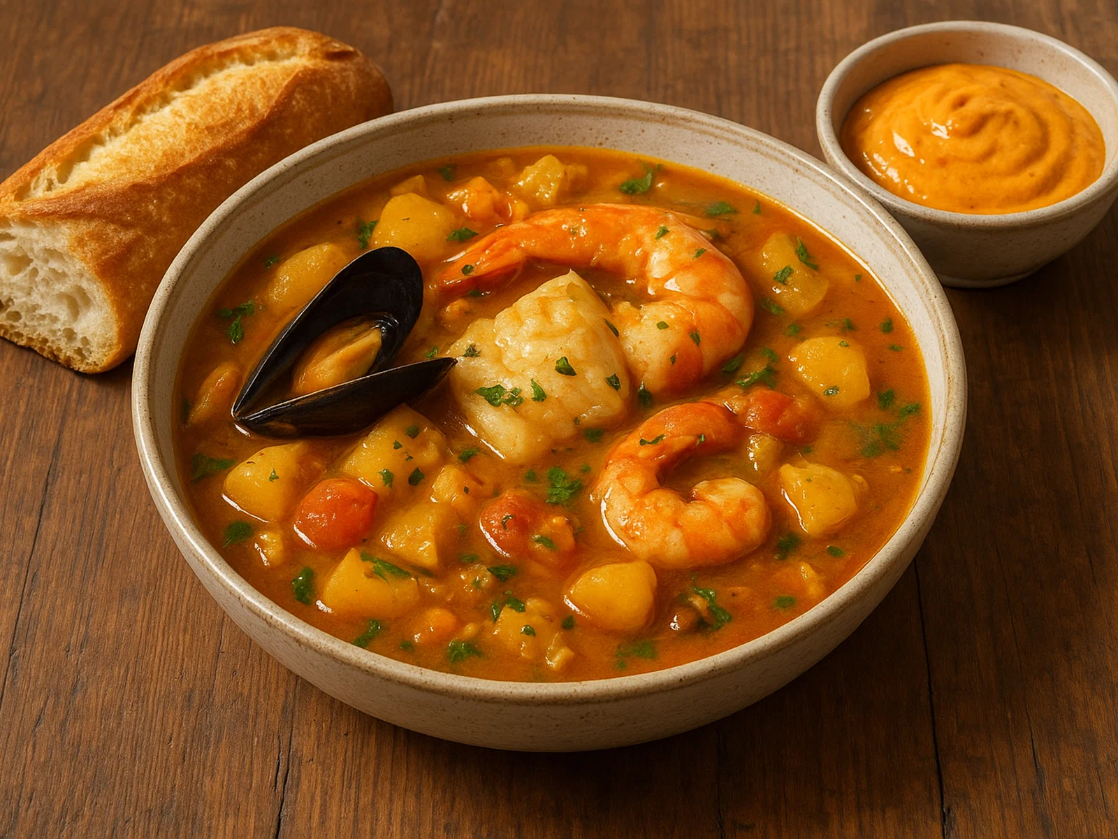Bouillabaisse mit Rouille und knusprigem Baguette