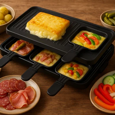 Klassisches Raclette mit Kartoffeln, Aufschnitt und Gemüse