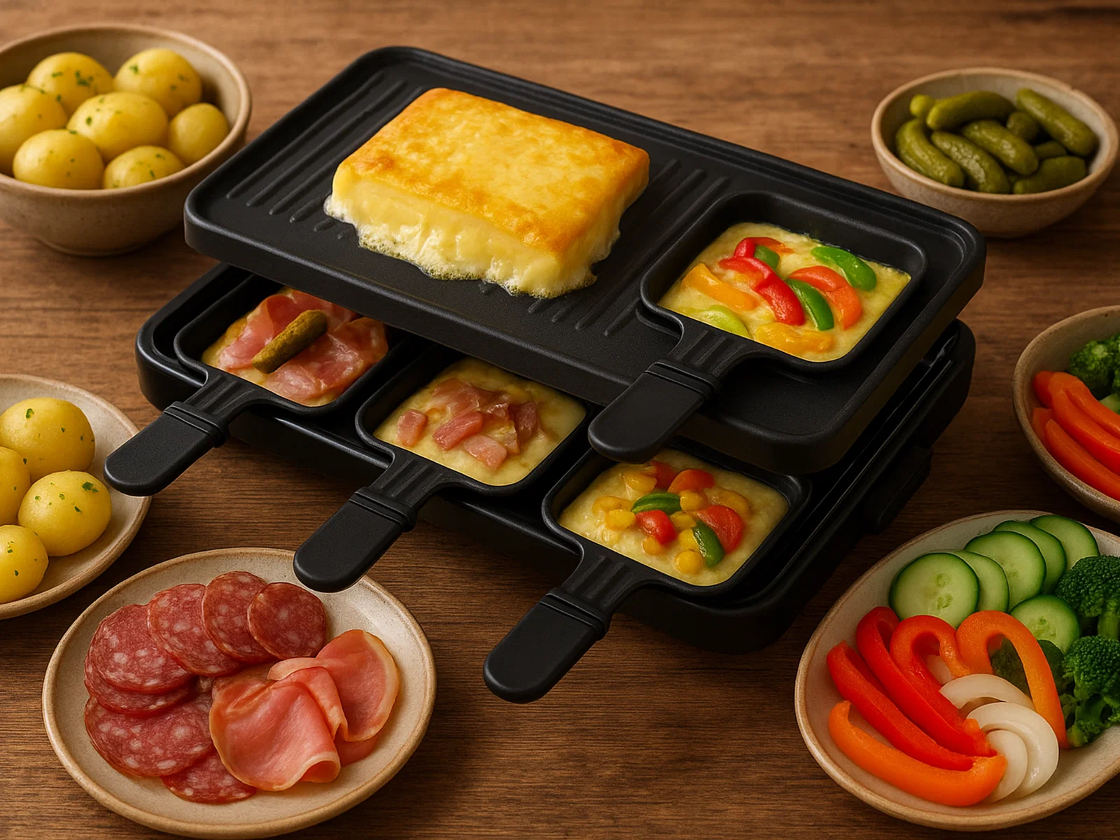 Klassisches Raclette mit Kartoffeln, Aufschnitt und Gemüse