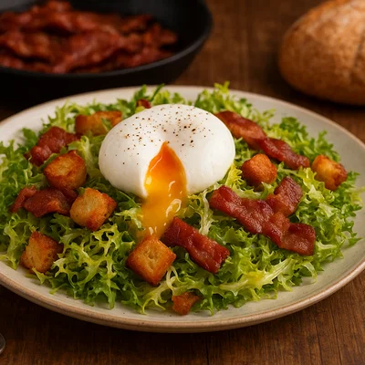 Salade lyonnaise – lauwarmer Friséesalat mit Speck, Croûtons und pochiertem Ei