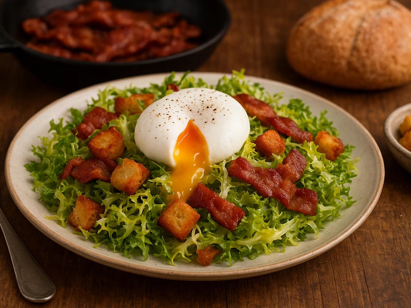 Salade lyonnaise – lauwarmer Friséesalat mit Speck, Croûtons und pochiertem Ei