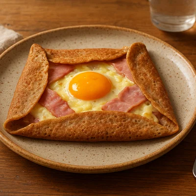 Galette complète (Bretonische Buchweizen-Galettes mit Ei, Schinken und Käse)