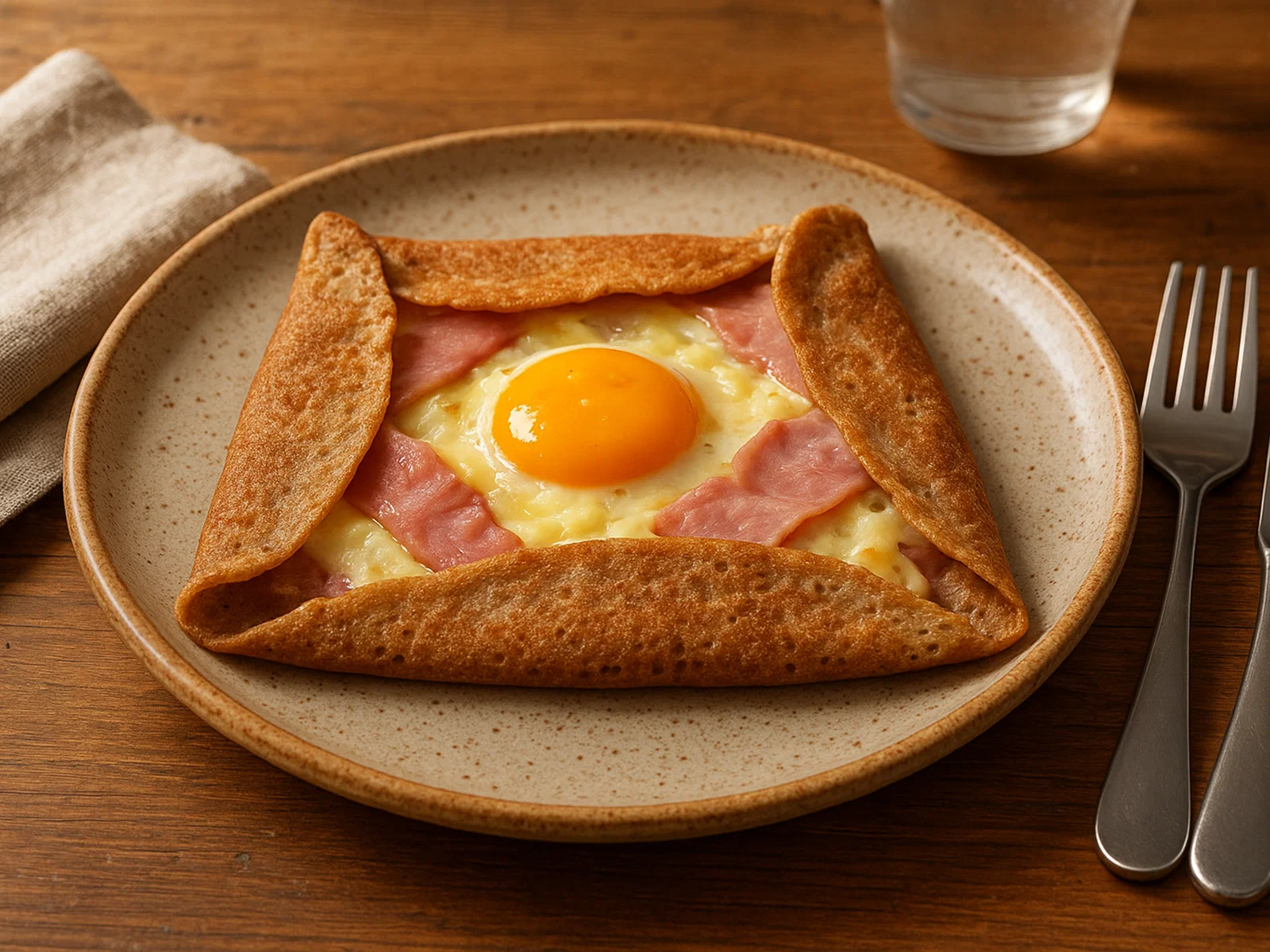 Galette complète (Bretonische Buchweizen-Galettes mit Ei, Schinken und Käse)