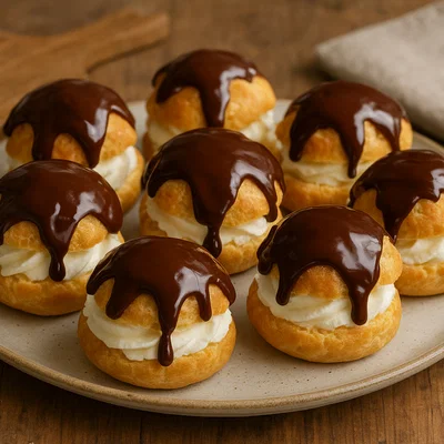 Profiteroles mit Sahnefüllung und Schokosoße