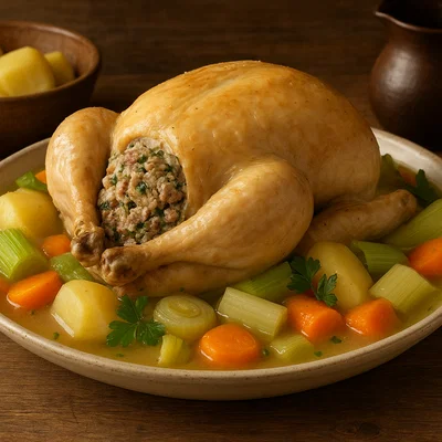 Poule au pot – gefülltes gekochtes Huhn mit Gemüse