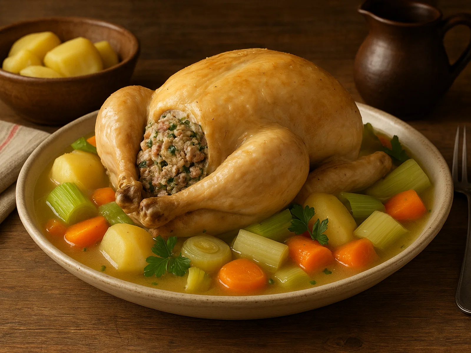 Poule au pot – gefülltes gekochtes Huhn mit Gemüse