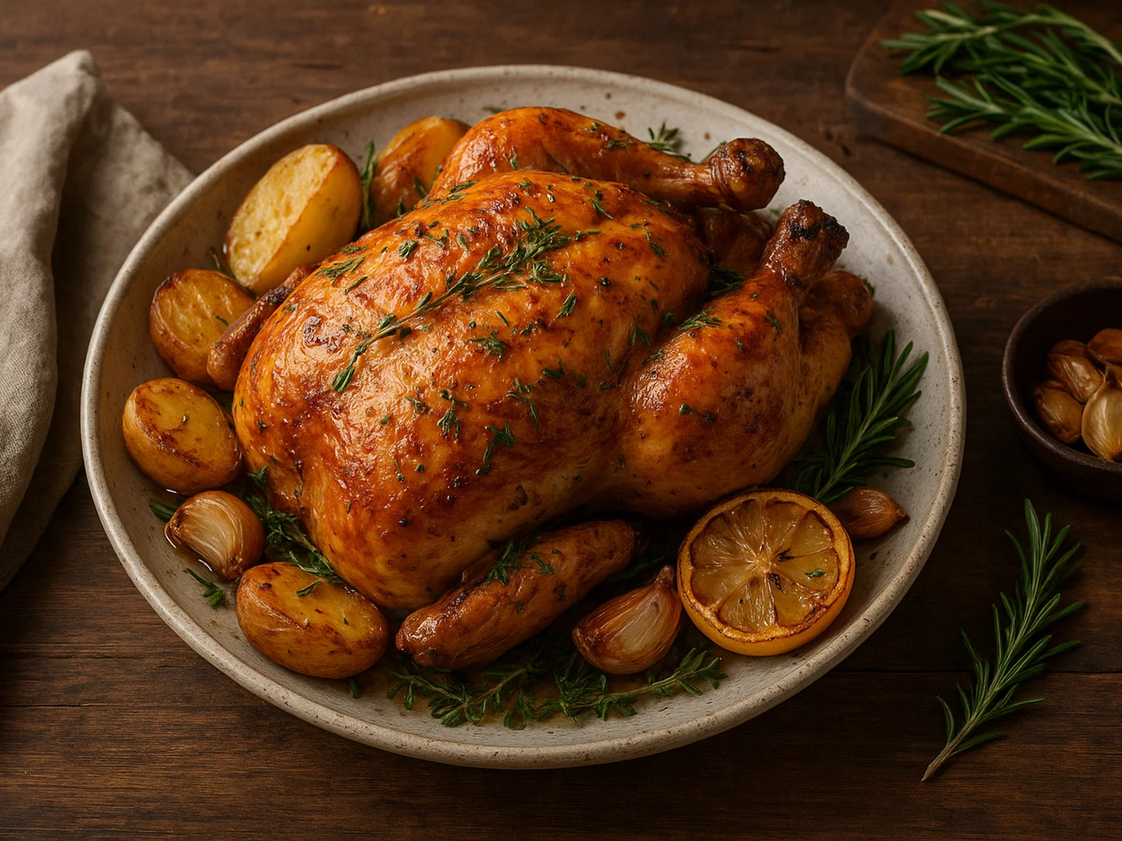 Poulet rôti – klassisches Brathähnchen mit Kräutern