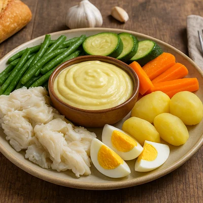 Aïoli garni – Knoblauchmayonnaise mit Stockfisch und Gemüse