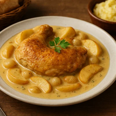 Poulet Vallée d'Auge – Huhn in Cidre-Sahne-Soße mit Äpfeln