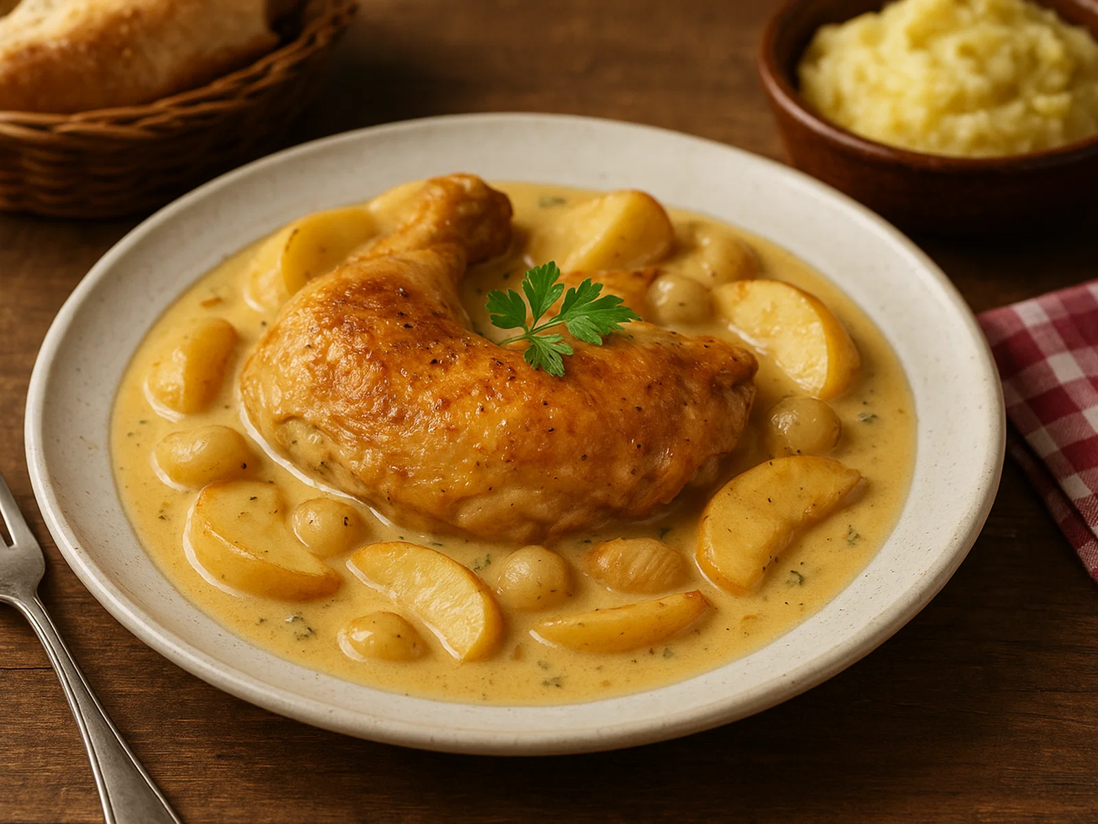 Poulet Vallée d'Auge – Huhn in Cidre-Sahne-Soße mit Äpfeln