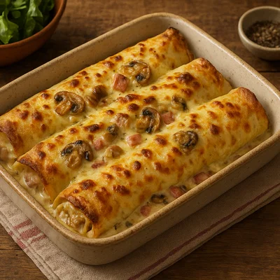 Ficelle picarde – überbackene Crêpes mit Schinken und Pilzen