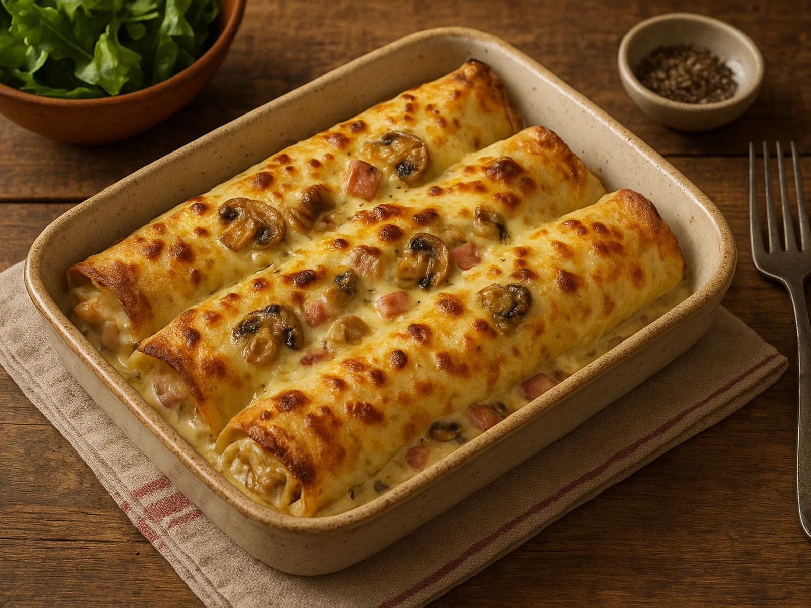 Ficelle picarde – überbackene Crêpes mit Schinken und Pilzen