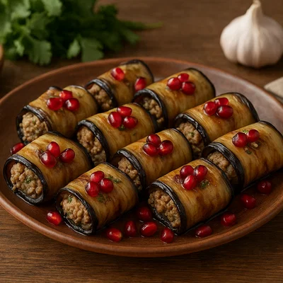 Badrijani nigvzit – georgische Auberginenröllchen mit Walnuss und Granatapfel