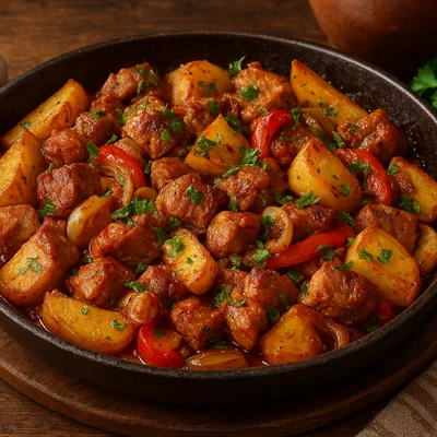 Ojakhuri – georgische Pfanne mit Schweinefleisch und Kartoffeln