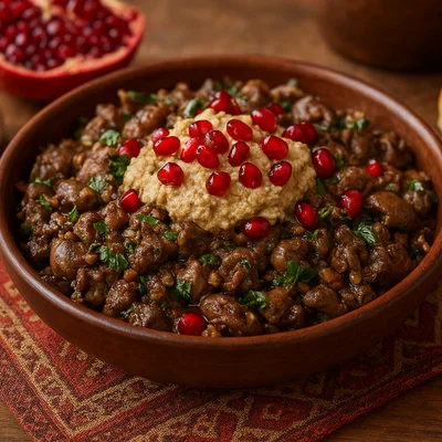 Kuchmachi – georgische Innereienpfanne mit Walnuss und Granatapfel