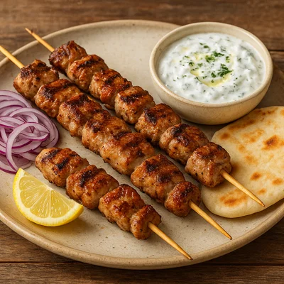 Griechische Kalamaki-Spieße mit Pita und Zitronen-Knoblauch-Joghurt