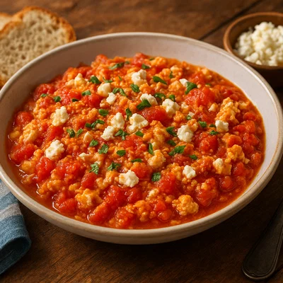 Strapatsada – Griechisches Rührei mit Tomaten und Feta